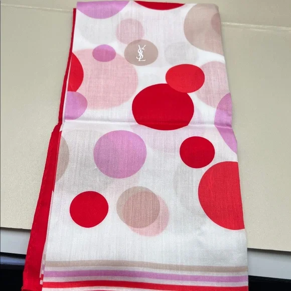 Yves Saint Laurent Red, Lilac & Cream Polka Dot Cotton Handkerchief / Bandana - Picture 10 of 12